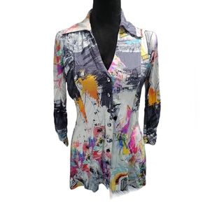 SNO SKINS Abstract Paint-Splash Button-Down Shirt in White, Black, Yellow, Pink
